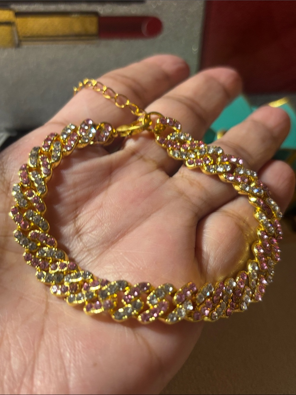 7.75” Gold-Tone Bracelet with Pink and Clear Crystals